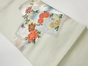 リサイクル　色紙に椿・牡丹・菊模様織出し名古屋帯